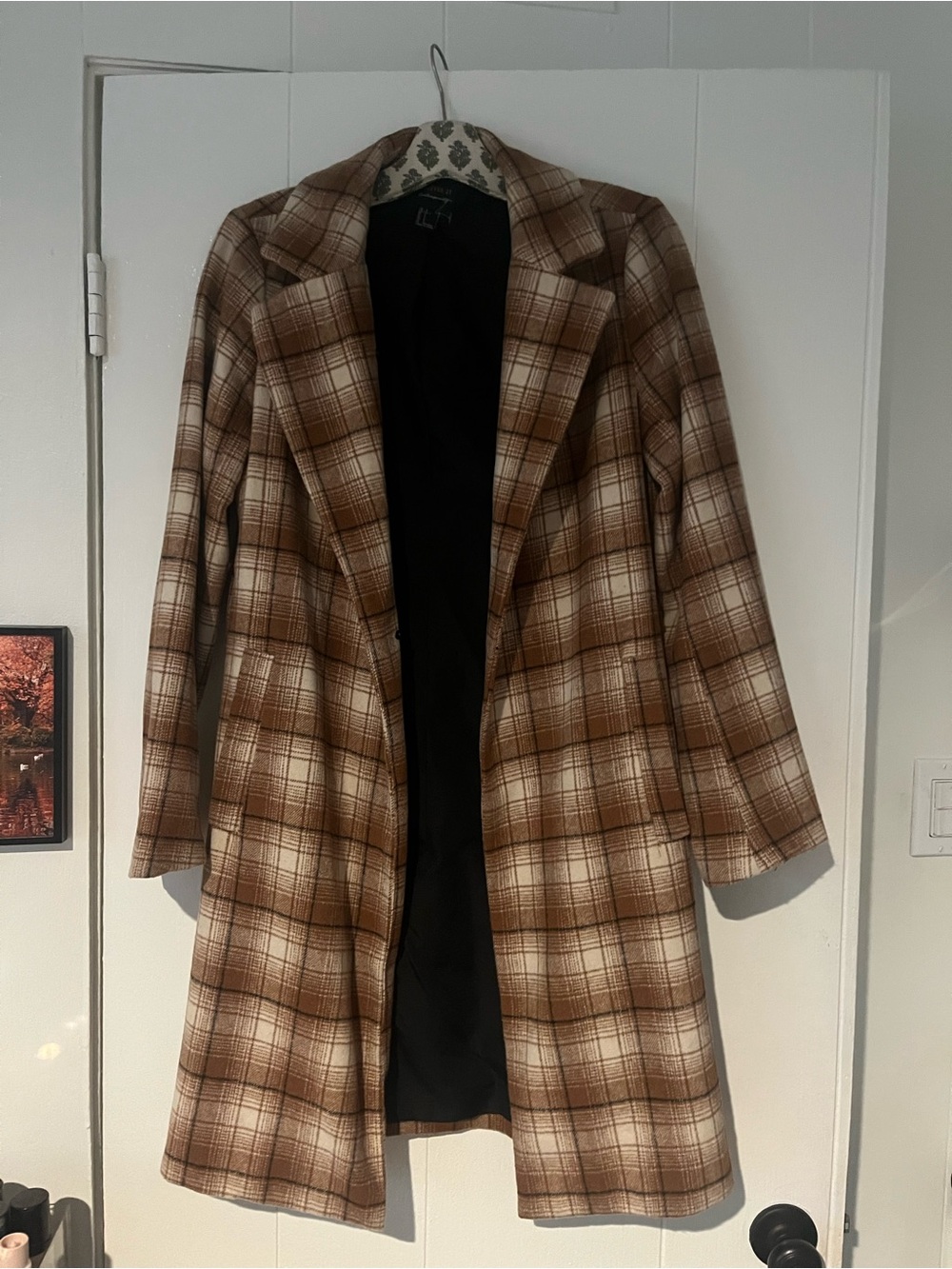 Plaid Brown Women's Long Open Front Coat- size small